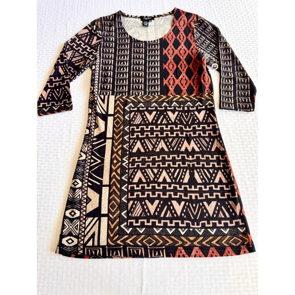 Papillon Boho Tribal Print Tunic Dress Black Terracotta Geometric 3/4 Sleeve M